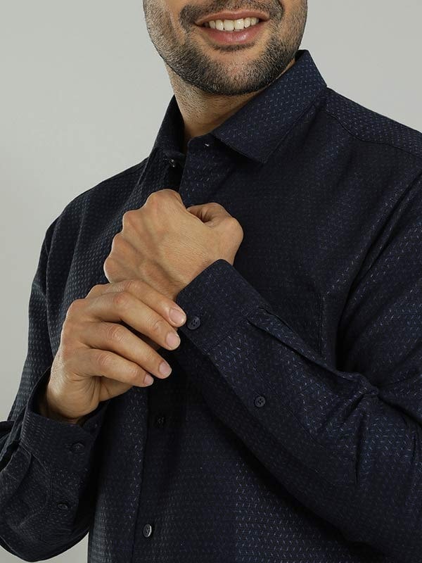 Indian Terrain Men's Slim Fit Full Sleeve Self Design Dark Blue Shirt